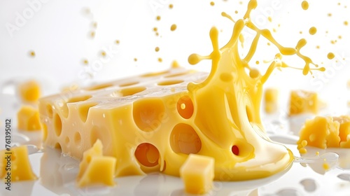 Cheddar cheese sauce splashing in the air on white background ideal for culinary concepts.