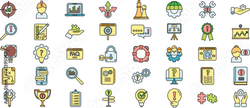 Problem solving icons set outline vector. Business brainstorming. Problem challenge thin line color flat isolated