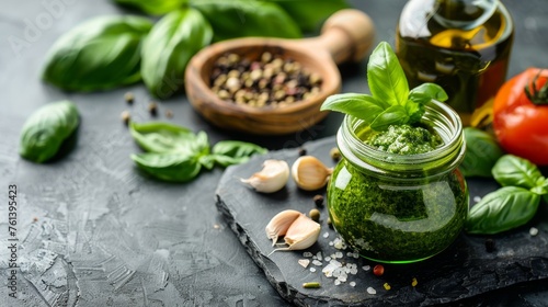 Jar of pesto sauce on white background with space for text, food ingredients concept