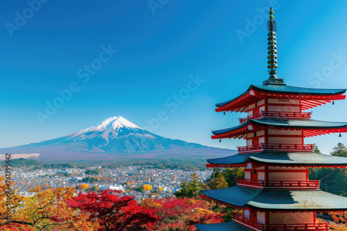 Colorful red pagoda with Mount Fuji in the background  depicting a Japan travel concept