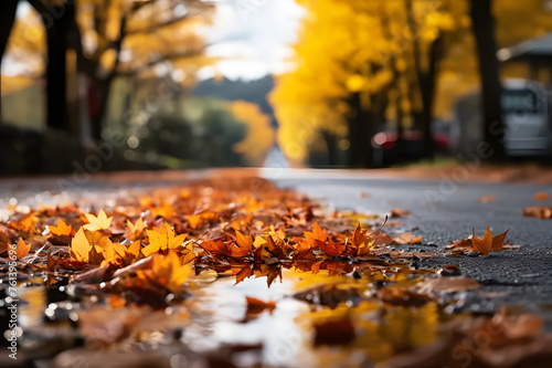 Yellow maple leaves falling on ground in middle of road in autumn with blurred background. Background Abstract Texture. colorful autumn leaves. Realistic clipart template pattern.
