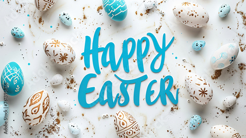 happy easter rabbit or bunny and easter egg , greeting card,  with Happy Easter font or text greetings 
