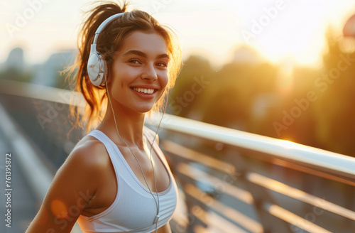 A beautiful sporty woman in shorts and a white top, smiling while doing a morning workout on the bridge with headphones around her neck at a city street