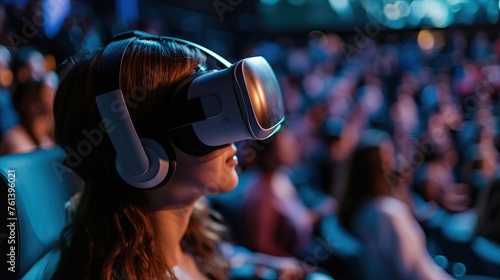 Woman experiencing virtual reality headset at event with audience in background.