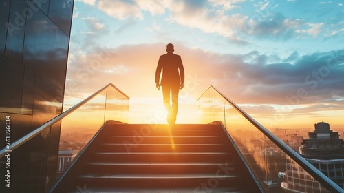 A man gracefully climbs a staircase, his steps illuminated by the warm sunlight, as he journeys towards the glowing sun at the top.