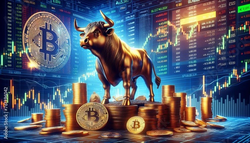Bitcoin-Börsenbulle vor einem Chartbild
