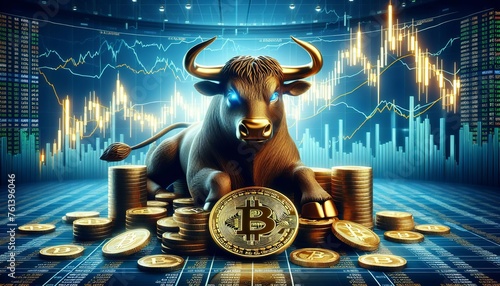 Bitcoin-Börsenbulle vor einem Chartbild