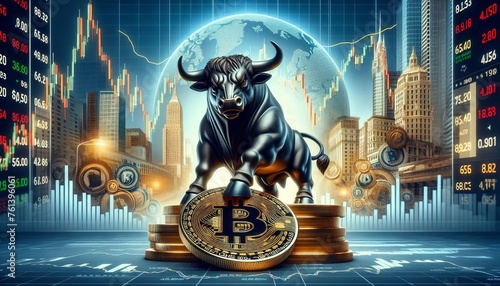 Bitcoin-Börsenbulle vor einem Chartbild