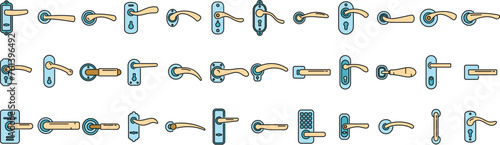 Door handles icons set outline vector. Domestic control. Electric doorknob thin line color flat isolated