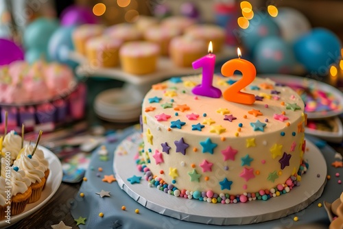 12. Geburtstag. bunter Geburtstagskuchen mit einer  12  aus Kerzen  festlicher Hintergrund