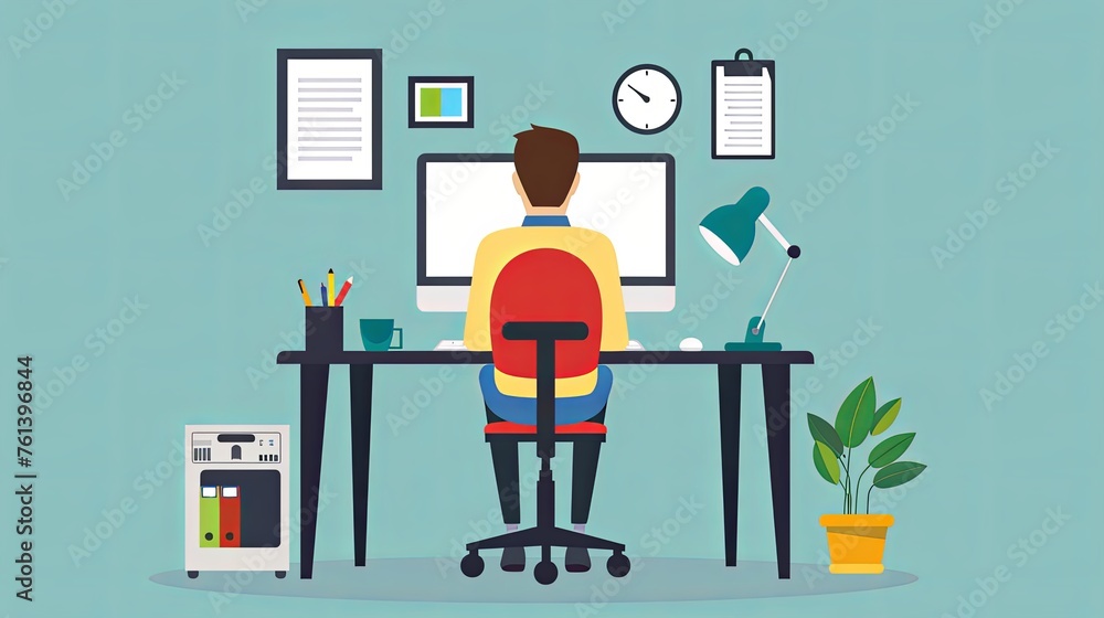 Man is sitting at desktop, Work the computer, Flat style illustration. Man is sitting at desktop, Work the computer, Flat style illustration.