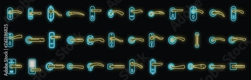 Door handles icons set outline vector. Domestic control. Electric doorknob neon color isolated