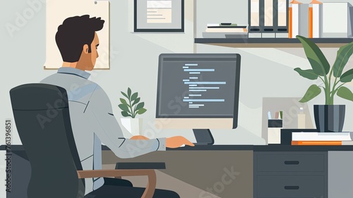 Man is sitting at desktop, Work the computer, Flat style illustration.