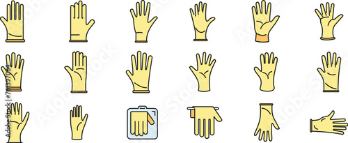 Medical gloves icons set outline vector. Care clinic. Doctor medicine thin line color flat isolated