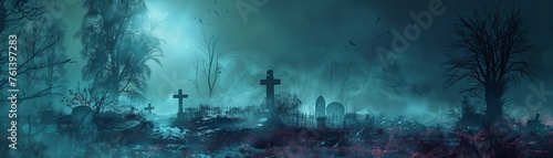 Mysterious grave, zombie mafia's secret meeting, night, wide shot, dense fog, Pop art