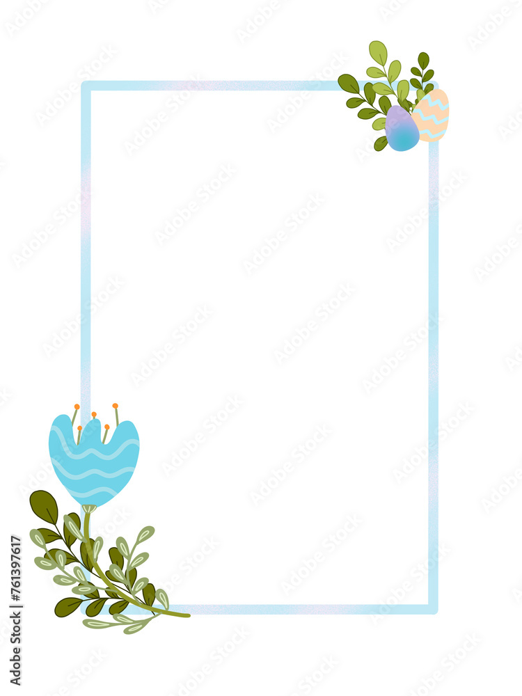 Obraz premium Easter greeting card with floral decor and Easter eggs on a white background. Texture frame, texture brushes, hand-drawn.