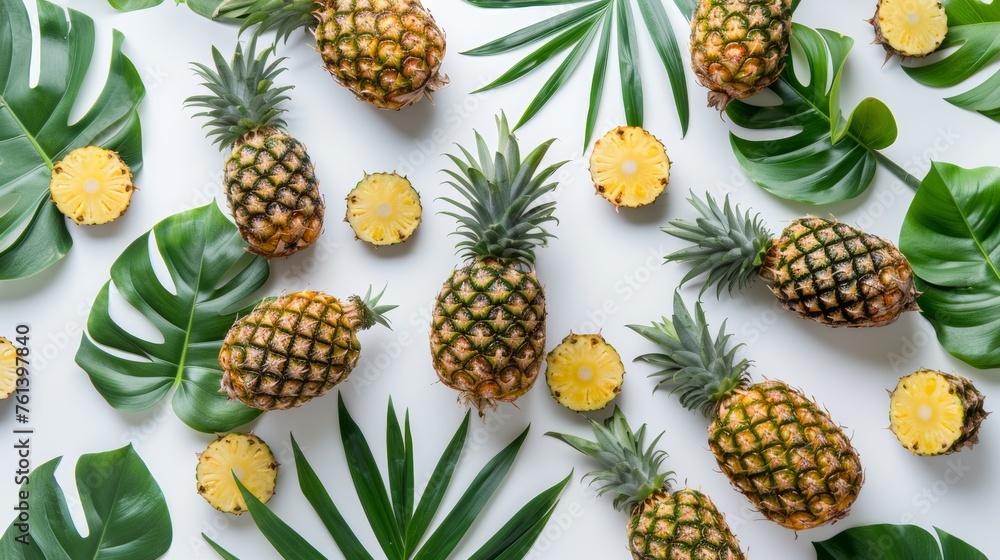 Tropical Pineapples and Leaves Flat Lay Tropical Pineapples and Leaves Flat Lay