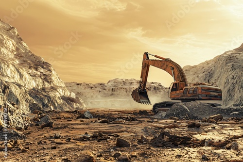 Excavator on rugged terrain showcasing its adaptability and strength © Sara_P
