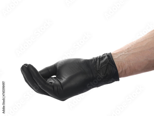 Black surgical gloves on hand isolated on white, clipping 