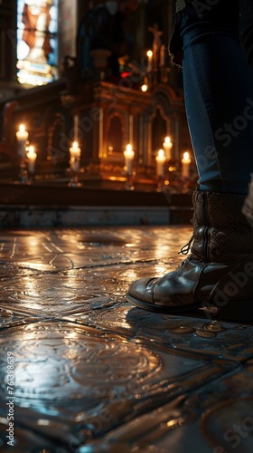 Pilgrims kneeling before holy joystick, dimly lit chapel, close-up, solemn atmosphere, stock photographic style