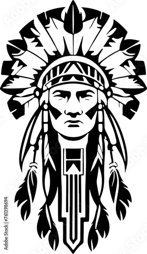 A Wonderful iconic Native American chief in a black and white vector illustration, Suitable for logo design, tattoo design or print on demand 
