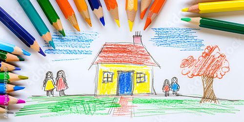 Kinder Bild buntstiften colored house draw With Colorful Pencils landscape a tree cute children photo