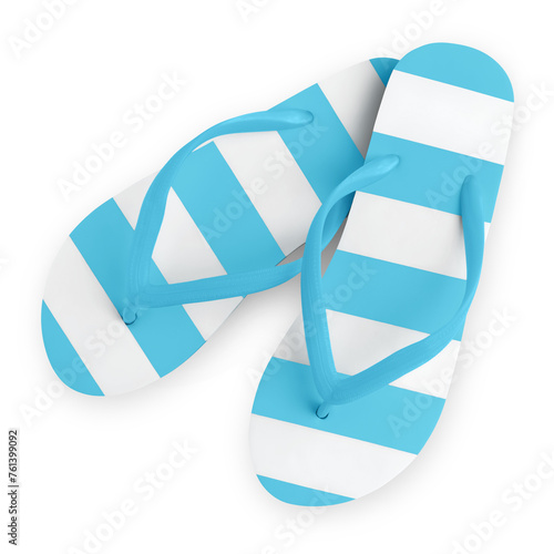 Top view of light blue and white stripes beach flip-flops, summer beach vacation and footwear for sandy beaches and sea bathing. Online shopping store concept, isolated on a white background