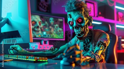 Playful zombie, joystick ready, gaming setup, wide angle, lively colors, engaging, 3D render