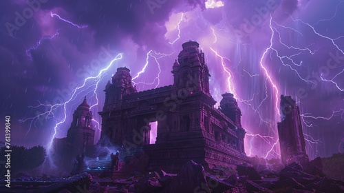 Holographic lightning effect striking a historic monument during a storm photo