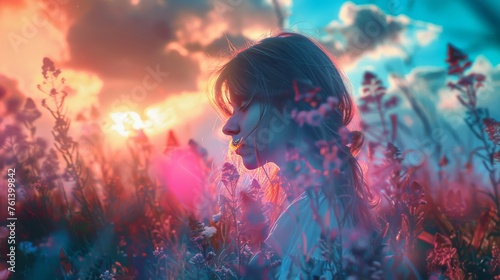 A woman is standing in a field of flowers, with the sun shining brightly on her