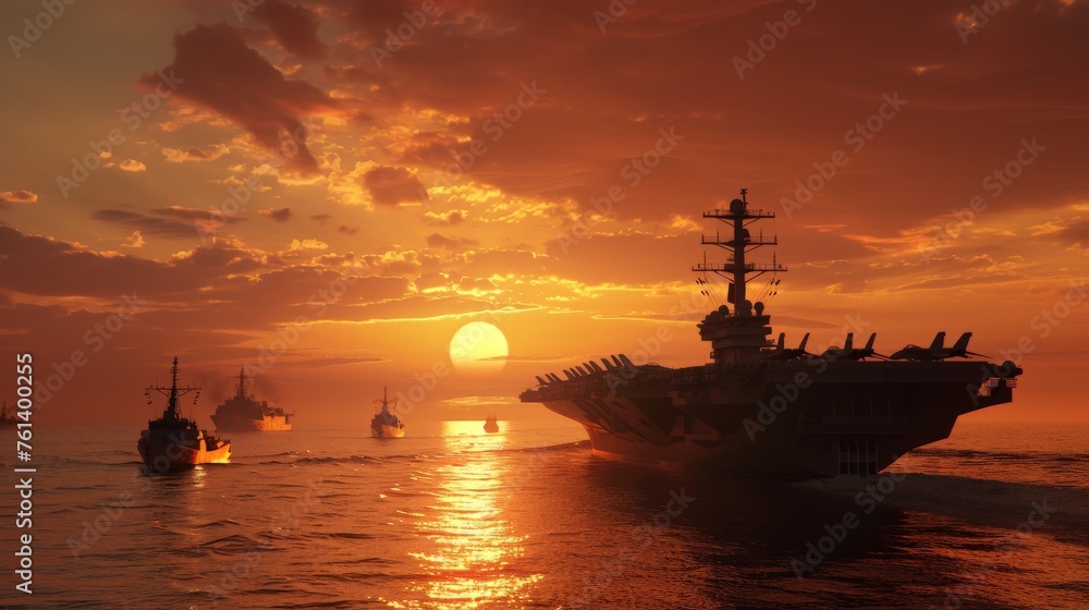 Majestic view of a naval fleet sailing in the ocean against a remarkable sunset, offering an awe-inspiring military scene