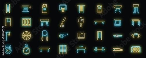School gym icons set outline vector. Club equipment. Room bag neon color isolated