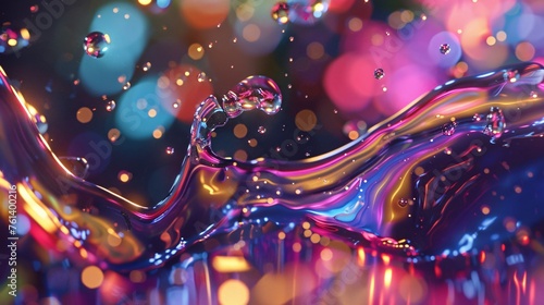 Holographic liquid splash transforming into vivid shapes under a microscope