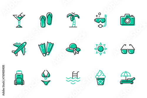Summer holiday at the resort - set of line design style icons isolated on white background. Images of cocktail, flip flops, palm tree, diving goggles, swimsuit, swimming pool, luggage and airplane