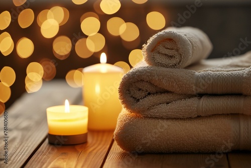 Spa towels and candles on wooden table against blurred lights, closeup