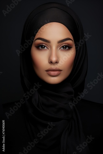 The mysterious and captivating beauty of a woman wearing a headscarf. Fictional character created by Generated AI.  photo