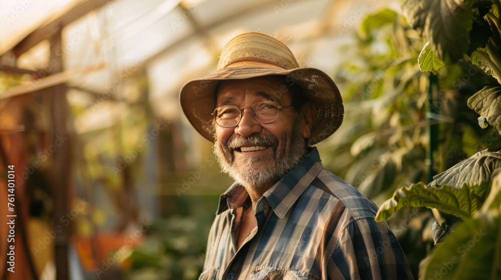 Smiling Farmer in Greenhouse Portrait