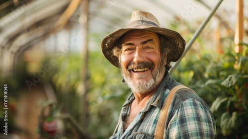 Smiling Farmer in Greenhouse Portrait