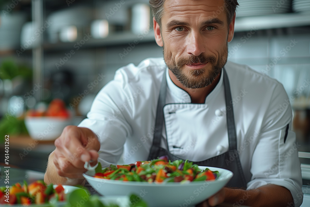 A chef is preparing a salad with tomatoes and greens A chef is preparing a salad with tomatoes and greens