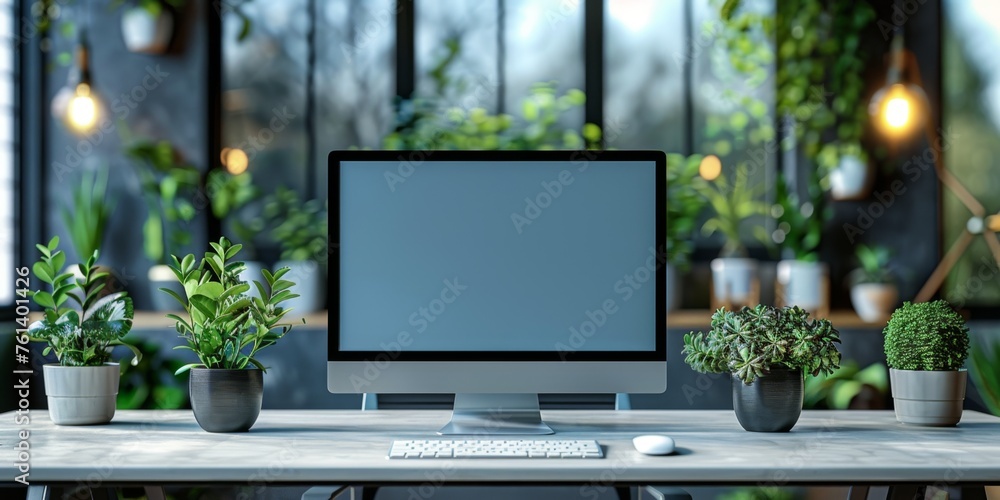 a computer monitor on white table in blurred background a computer monitor on white table in blurred background