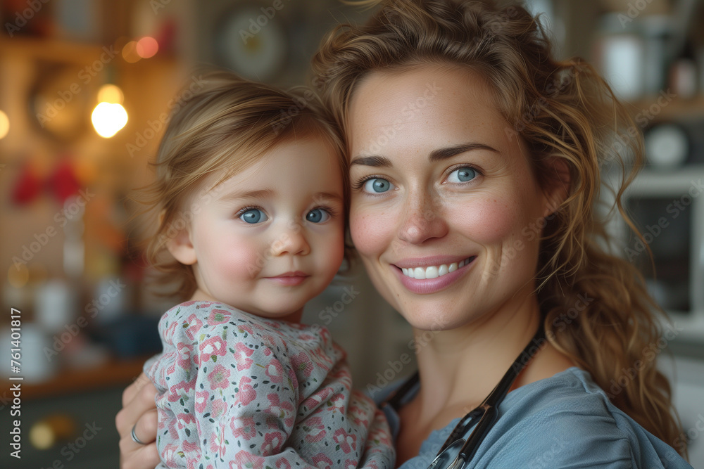 Obraz premium Woman doctor therapist holding baby and smiling