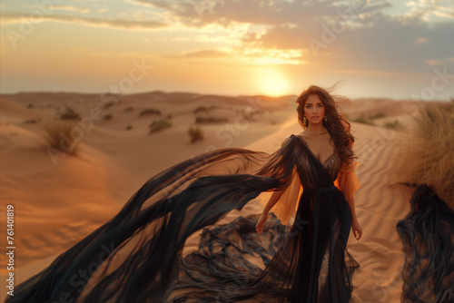 A woman in a black dress is standing in a desert. The sky is orange and the sun is setting.