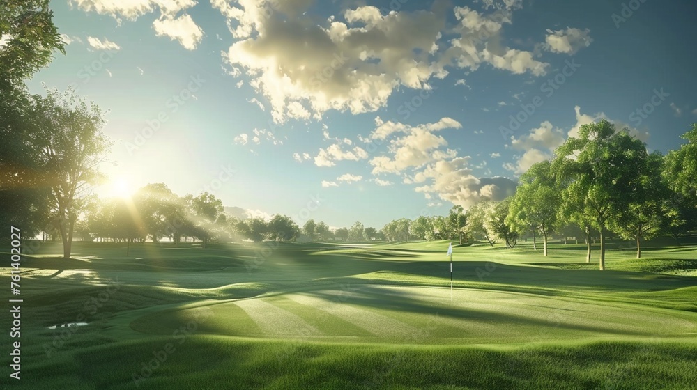 Fototapeta premium Clear skies and sunlight are shining over the golf course covered with trees and green grass.