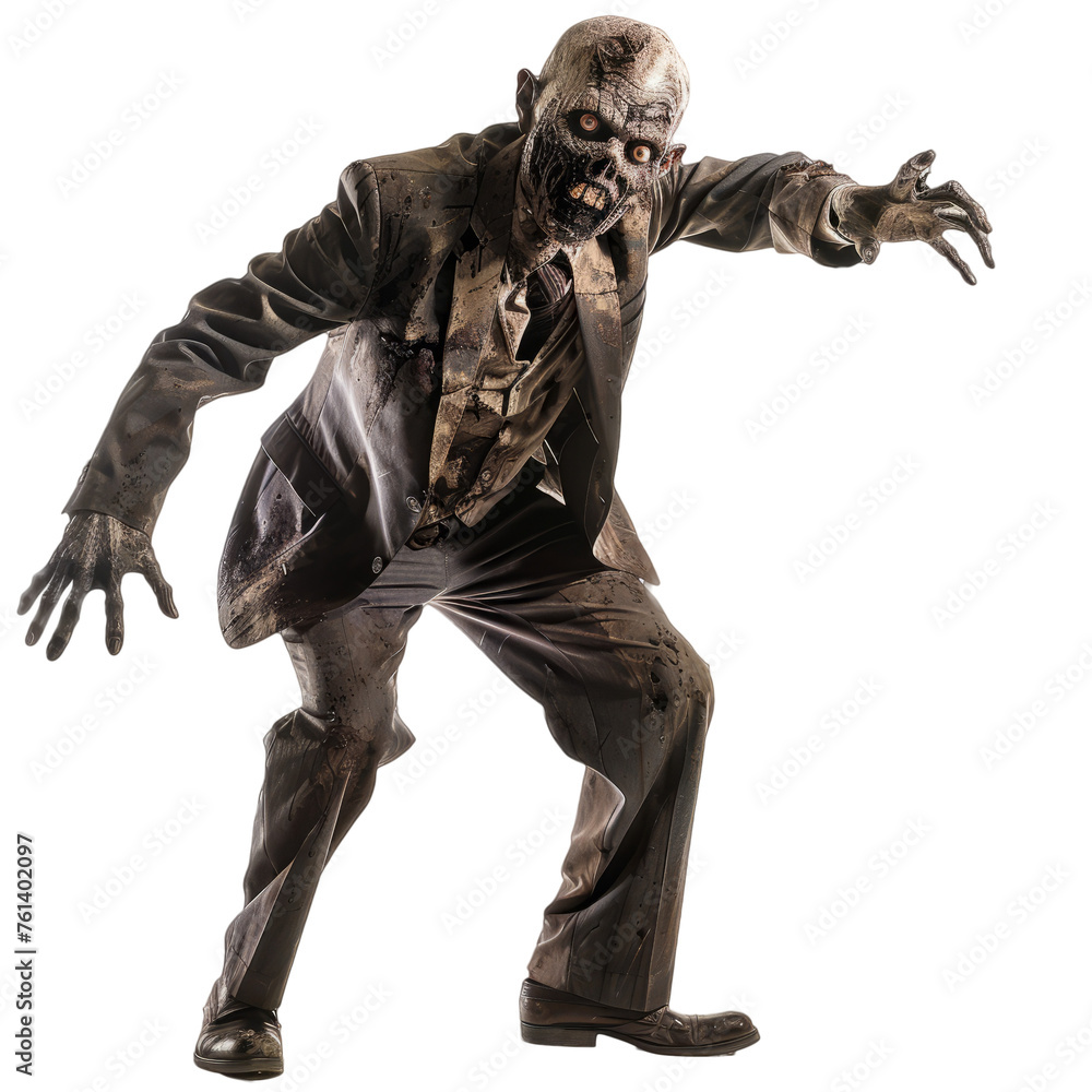 A suited businessman zombie, his expensive attire in tatters, reaching out with a ghastly expression. A suited businessman zombie, his expensive attire in tatters, reaching out with a ghastly expression.