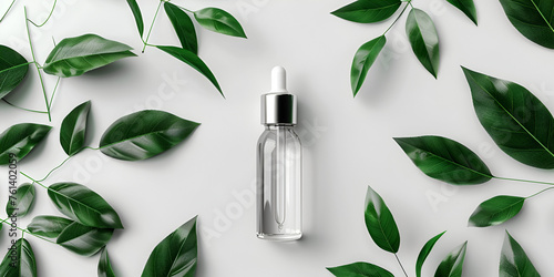 Organic cosmetics with extracts herbs serum green plant leaf natural cosmetic products white background photo