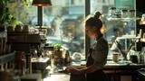 A woman is working at a coffee shop