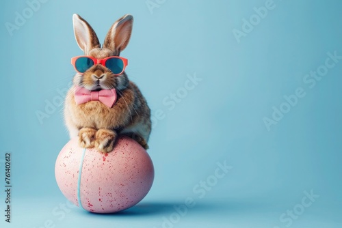 Easter Bunny wearing a bow tie and sunglasses, sitting on a Easter egg. Funny Easter holiday and celebration concept. Copy-space for text.
