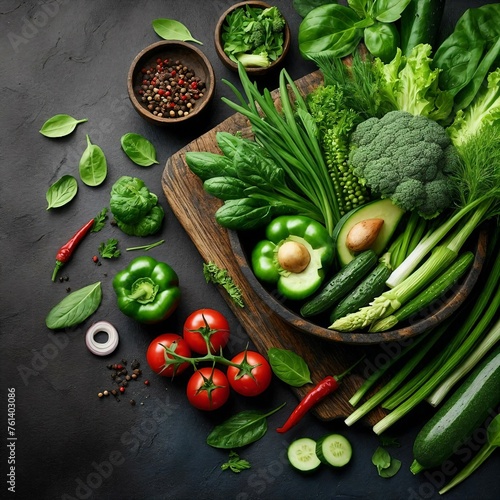  Assortment of Fresh Green Vegetables  Black Backdrop 