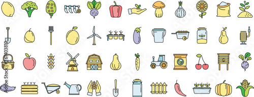 Eco farming icons set outline vector. Agriculture farmer. Local produce thin line color flat isolated