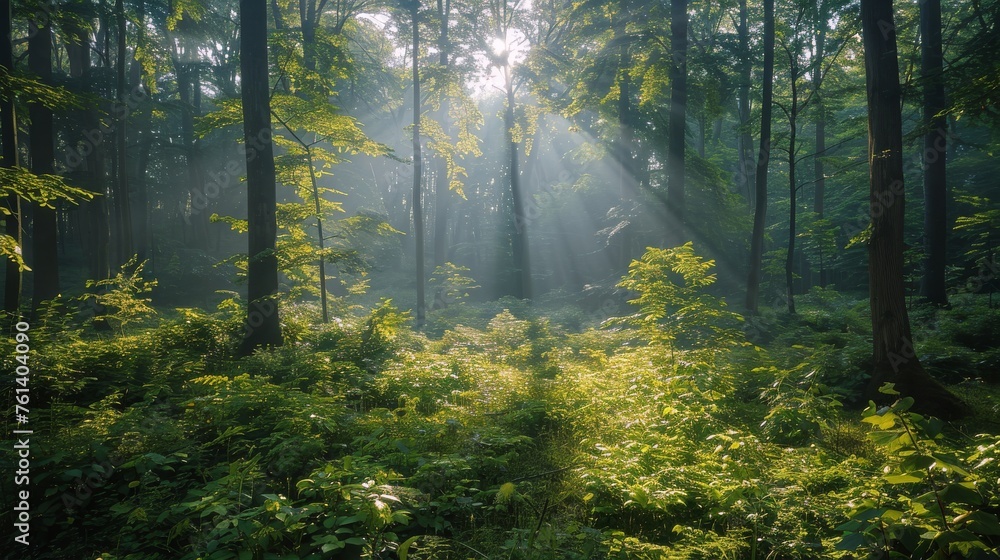 Sun Shines Through Trees in Green Forest